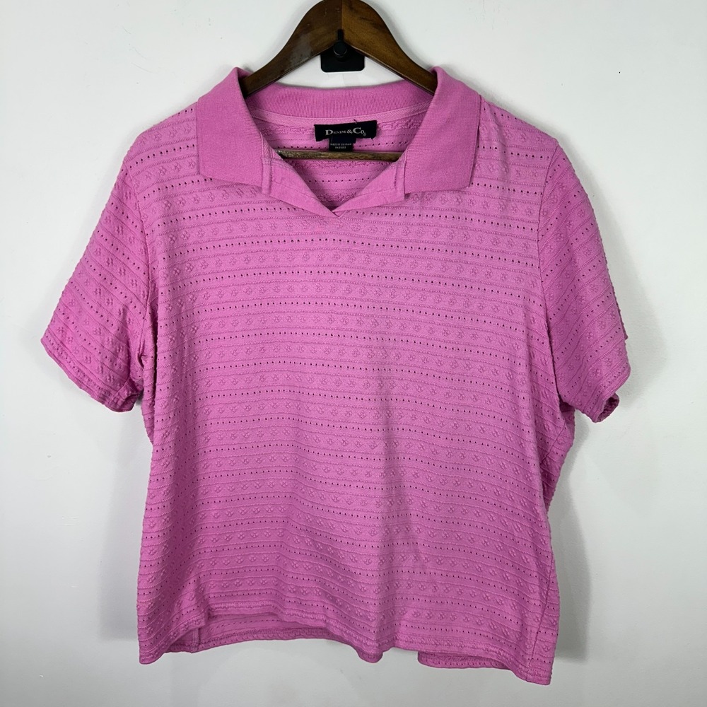 Denim & Co Top 1X Pink Collared Knit Cotton Y2K Preppy‎ Retro Academia Cottage